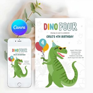 Dino Four Invitation, Dino Four T-Rex Dinosaur 4th Birthday Party Invitation