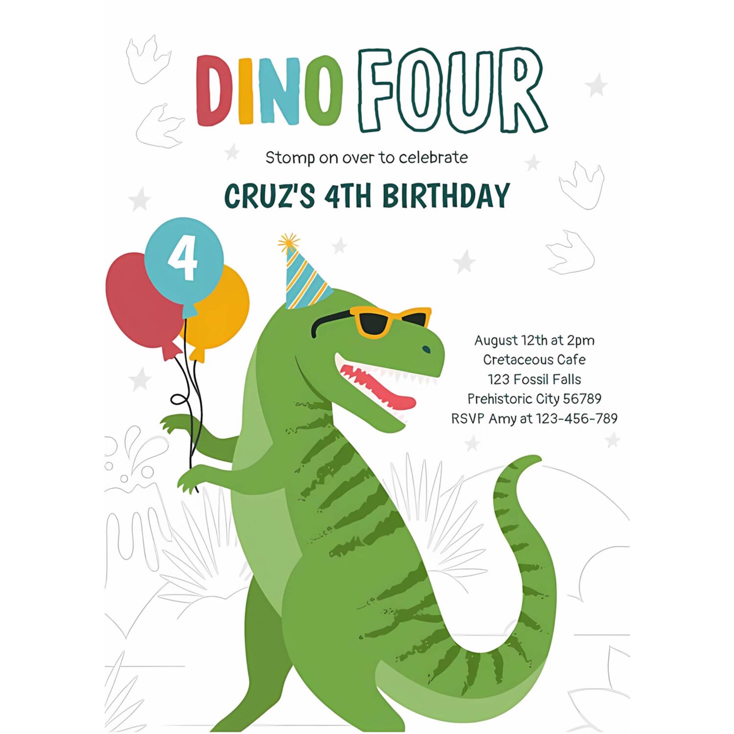 Dino four t rex dinosaur 4th birthday party invitation i10f 4