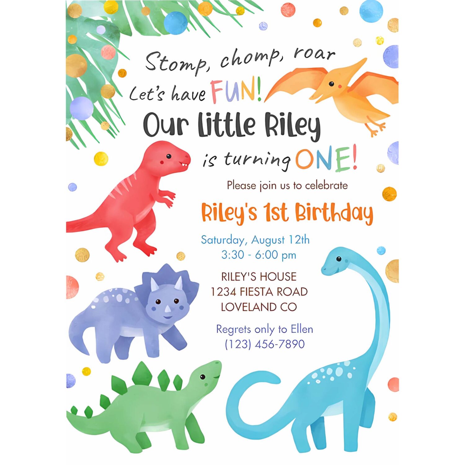 Dinosaur 1st birthday invitation colorful cute q79t 4