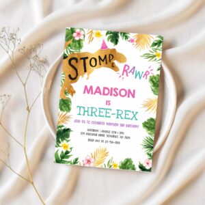 Dinosaur 3rd birthday invitation dinosaur three rex invitation girl dinosaur third birthday party 1