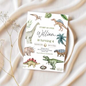 Dinosaur birthday boy party invitation 4th dinosaur birthday invitation dinosaur theme invitation 1