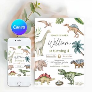 Dinosaur Invitation, Dinosaur Birthday Boy Party Invitation, 4th Dinosaur Birthday Invitation, Dinosaur Theme Invitation