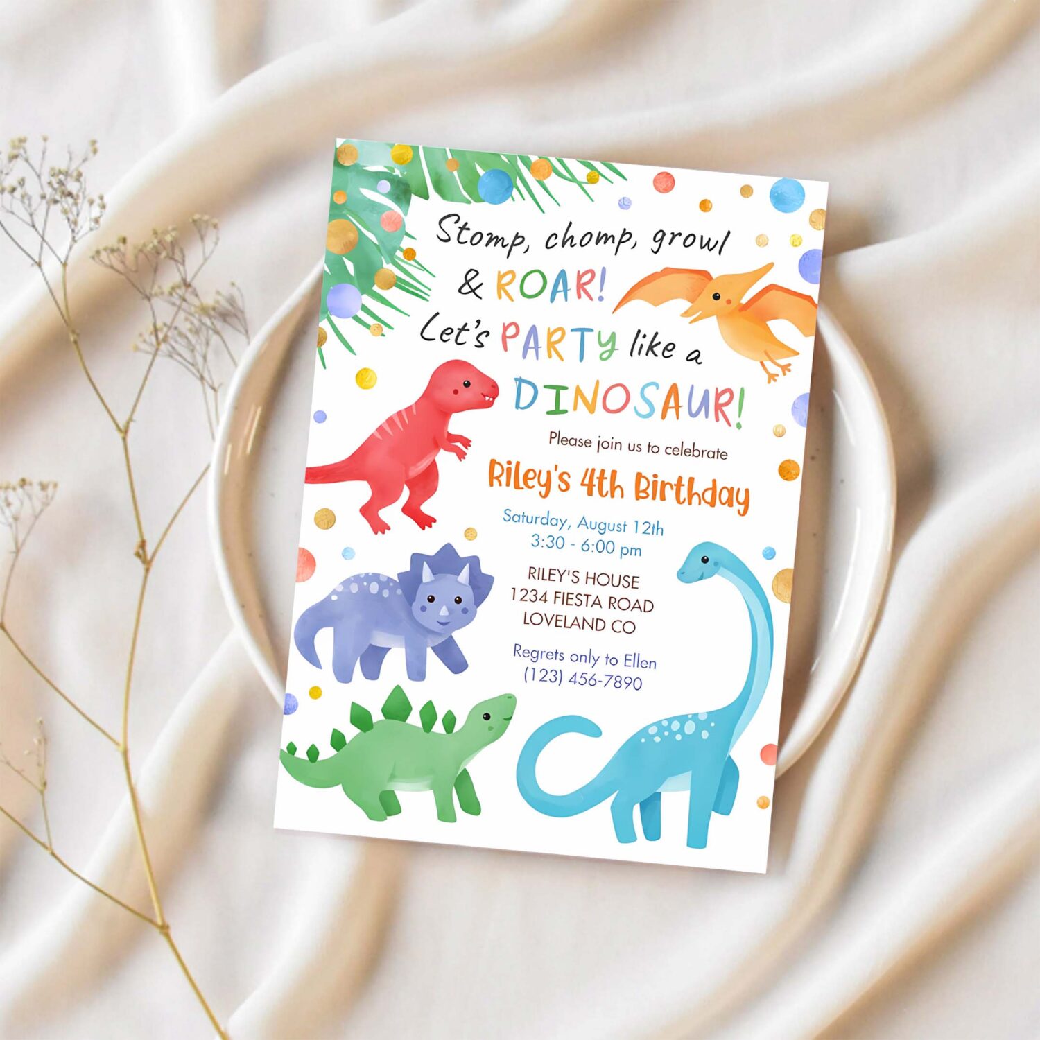 Dinosaur birthday invitation colorful cute e76b 1