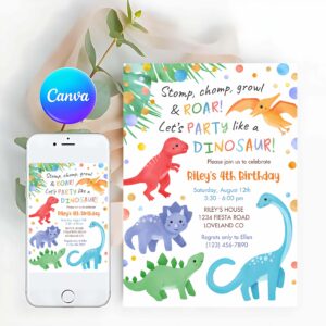 Dinosaur Invitation, Dinosaur Birthday Invitation Colorful Cute