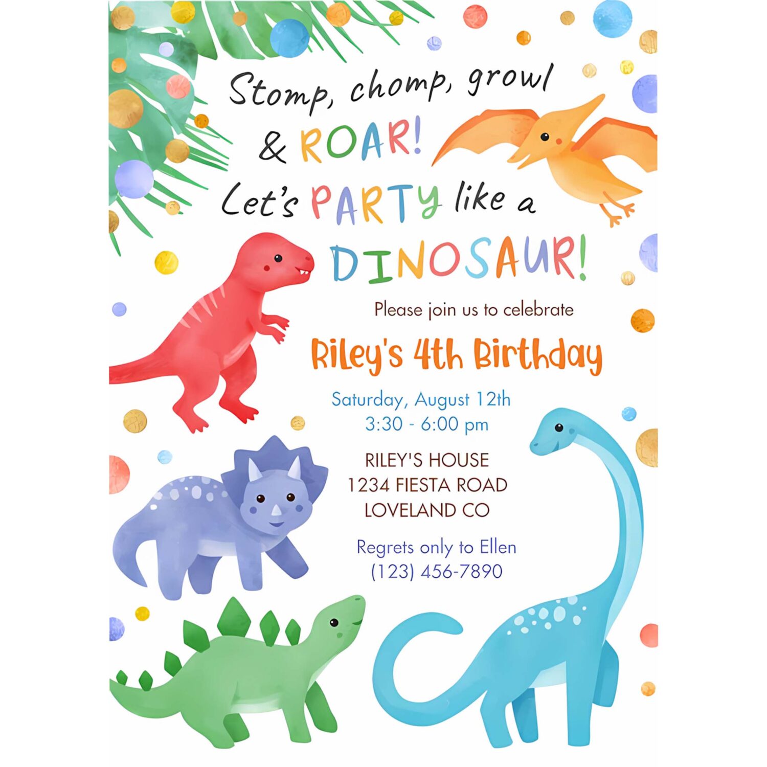 Dinosaur birthday invitation colorful cute e76b 4