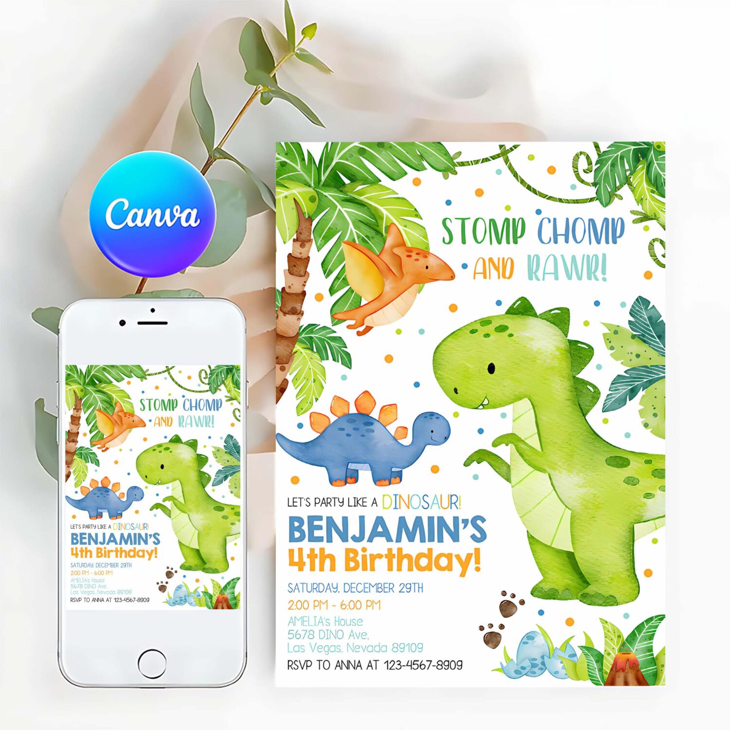 Dinosaur birthday invitation dinosaur party invites dino theme boy girl kids first jungle animals tropical editable digital template