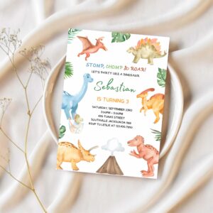 Dinosaur birthday party invitation template dinosaur birthday invitation dinosaur thank you tag editable invitation 1