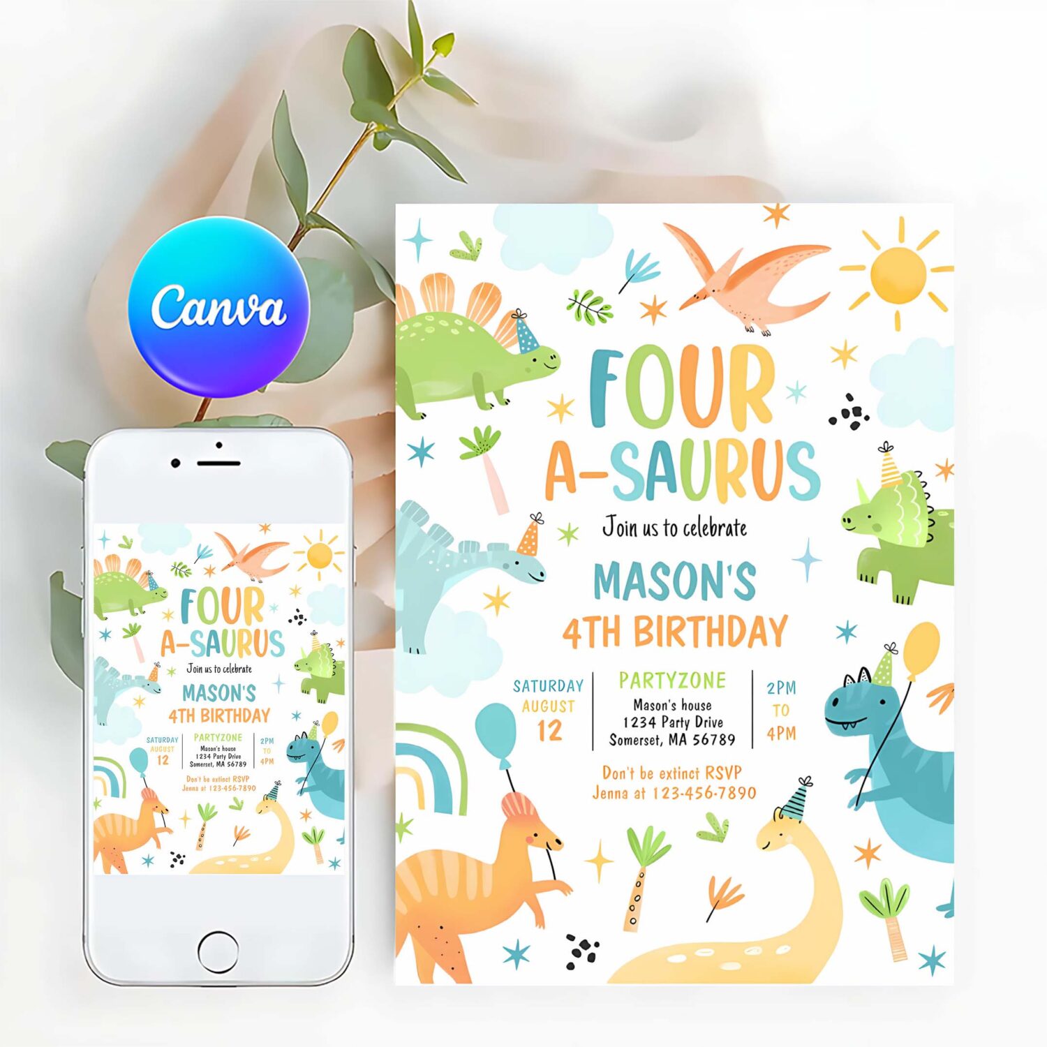 Dinosaur four a saurus 4th birthday party invitation h69r