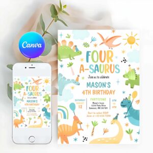 Four-A-Saurus Invitation, Dinosaur Four-A-Saurus 4th Birthday Party Invitation