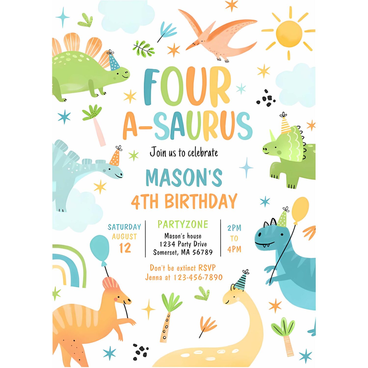 Dinosaur four a saurus 4th birthday party invitation h69r 4