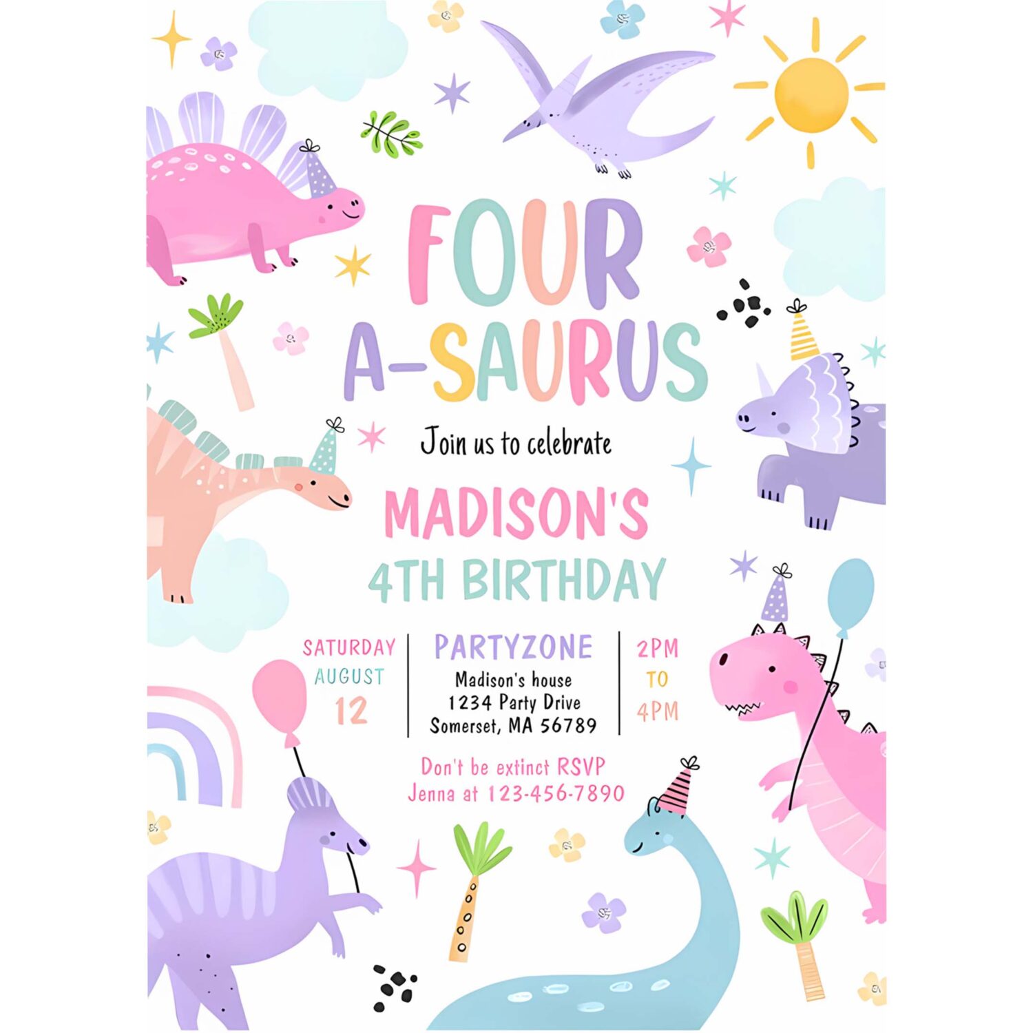 Dinosaur four a saurus 4th birthday party invitation i76k 4
