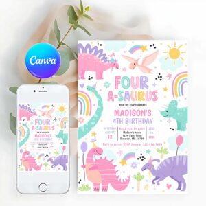 Four-A-Saurus Invitation, Dinosaur Four-A-Saurus 4th Birthday Party Invitation