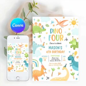 T-Rex Invitation, Dinosaur Four Boy T-Rex 4th Birthday Party Invitation