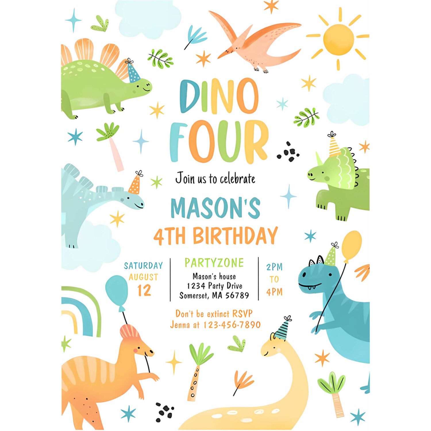 Dinosaur four boy t rex 4th birthday party invitation c64i 4