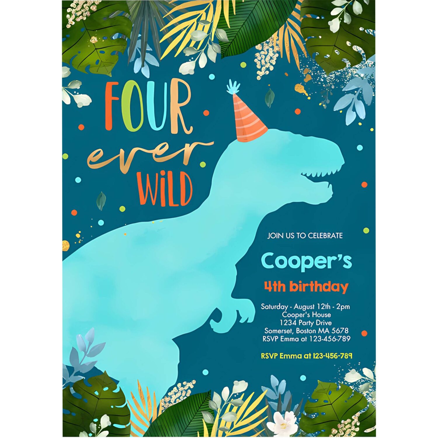 Dinosaur four ever wild boy dinosaur 4th birthday invitation j73q 4
