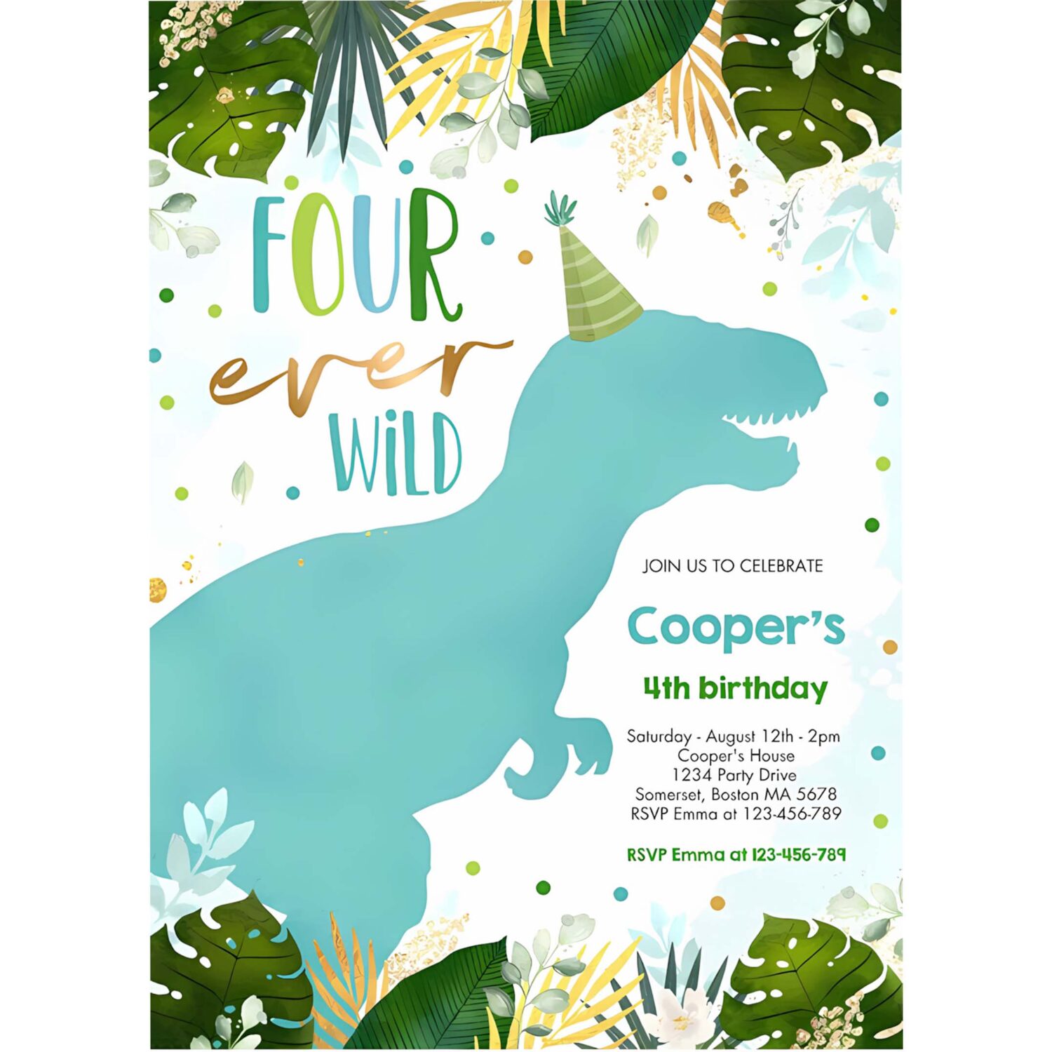 Dinosaur four ever wild boy dinosaur 4th birthday invitation z42j 4