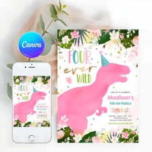 Dinosaur Four Ever Wild Invitation, Dinosaur Four Ever Wild Party Dinosaur Birthday Invitation