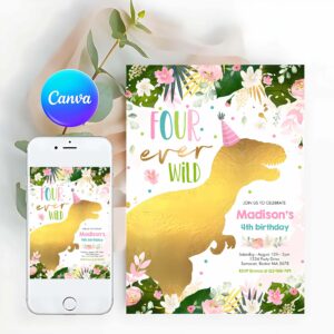 Dinosaur Four Ever Wild Invitation, Dinosaur Four Ever Wild Party Dinosaur Birthday Invitation