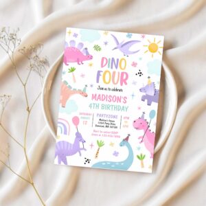 Dinosaur four pink t rex 4th birthday party invitation p94v 1