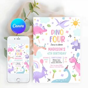 T-Rex Invitation, Dinosaur Four Pink T-Rex 4th Birthday Party Invitation