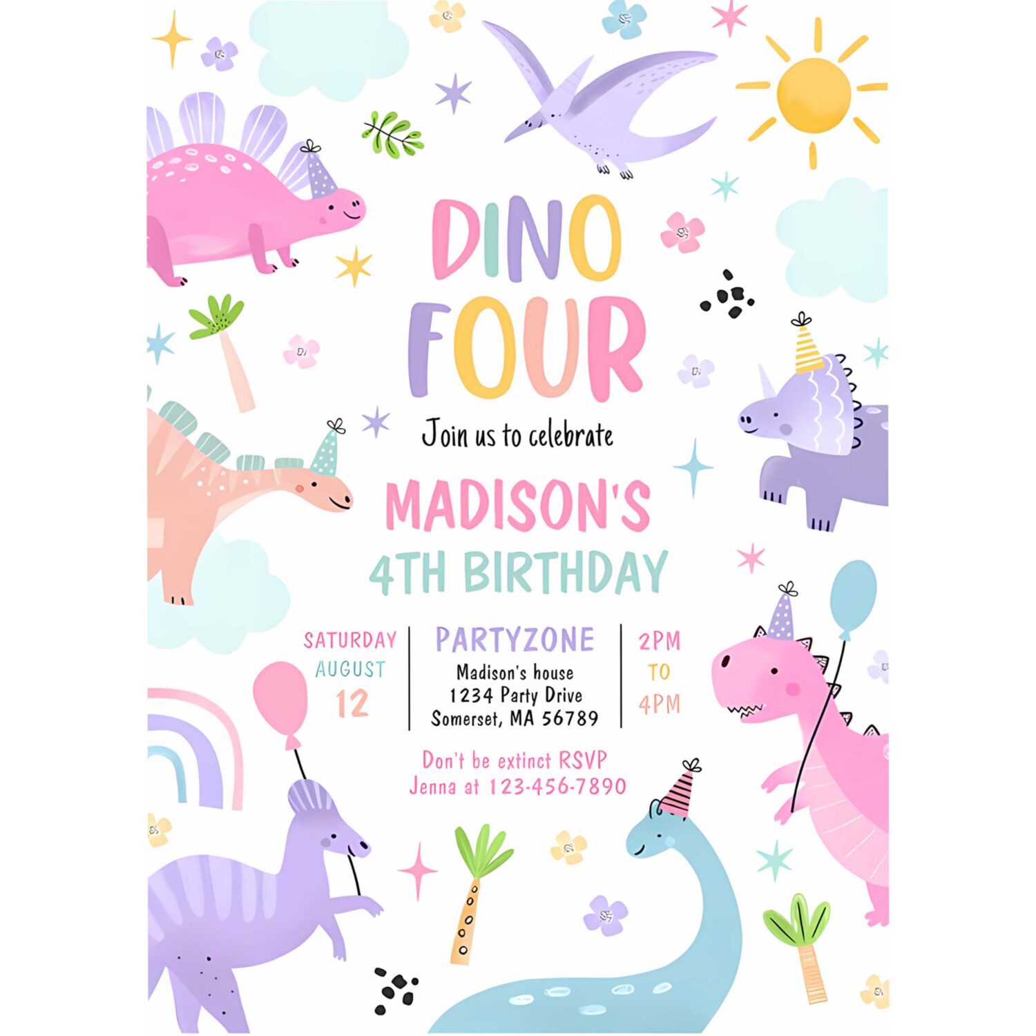 Dinosaur four pink t rex 4th birthday party invitation p94v 4