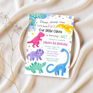 Dinosaur girl 1st birthday invitation colorful a93s 1