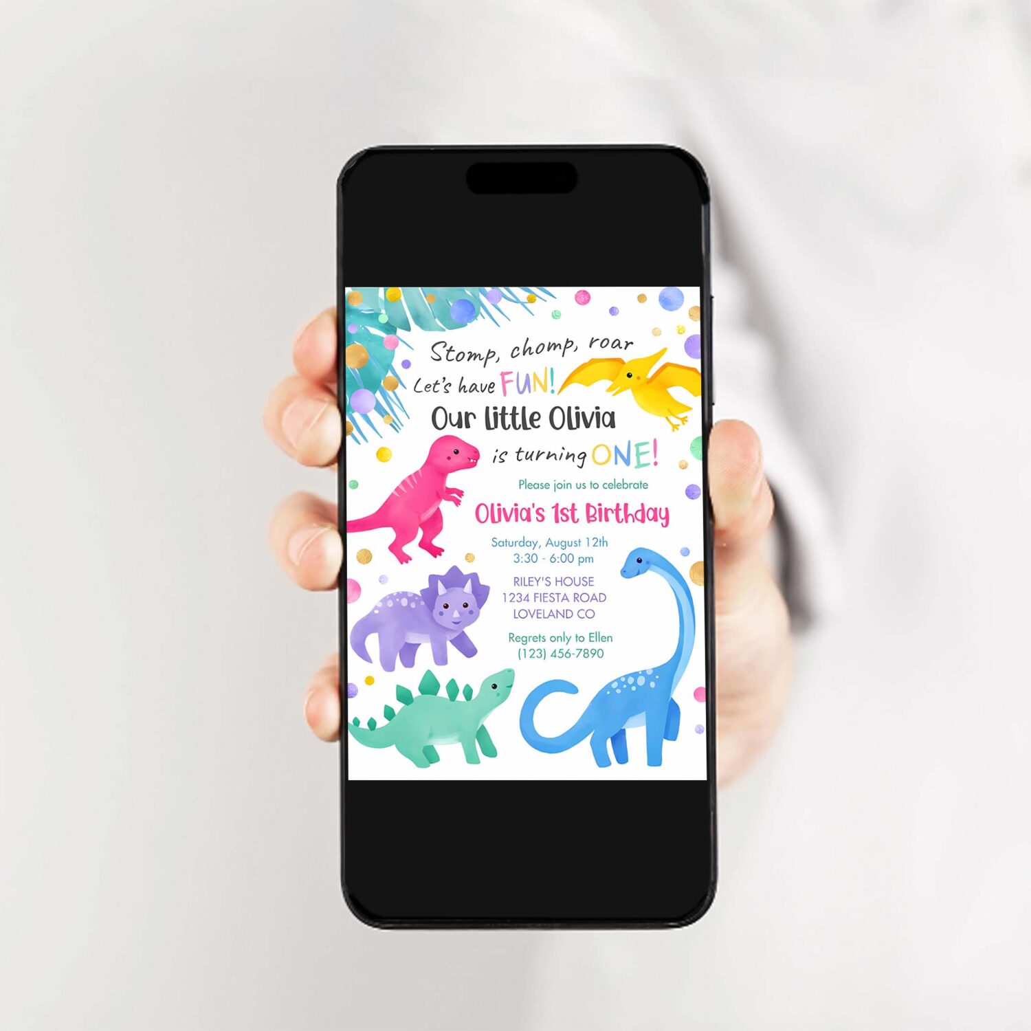 Dinosaur girl 1st birthday invitation colorful a93s 2