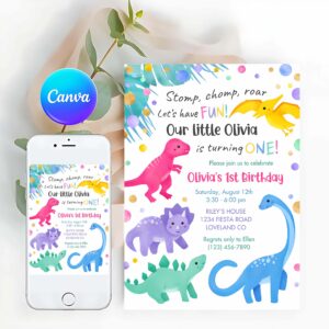 Dinosaur Girl Invitation, Dinosaur Girl 1st Birthday Invitation Colorful