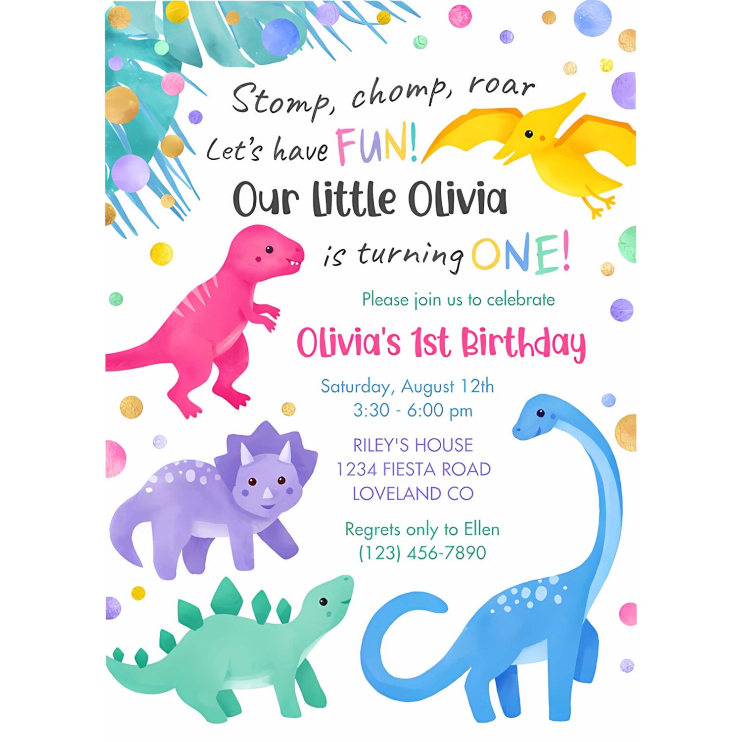 Dinosaur girl 1st birthday invitation colorful a93s 4