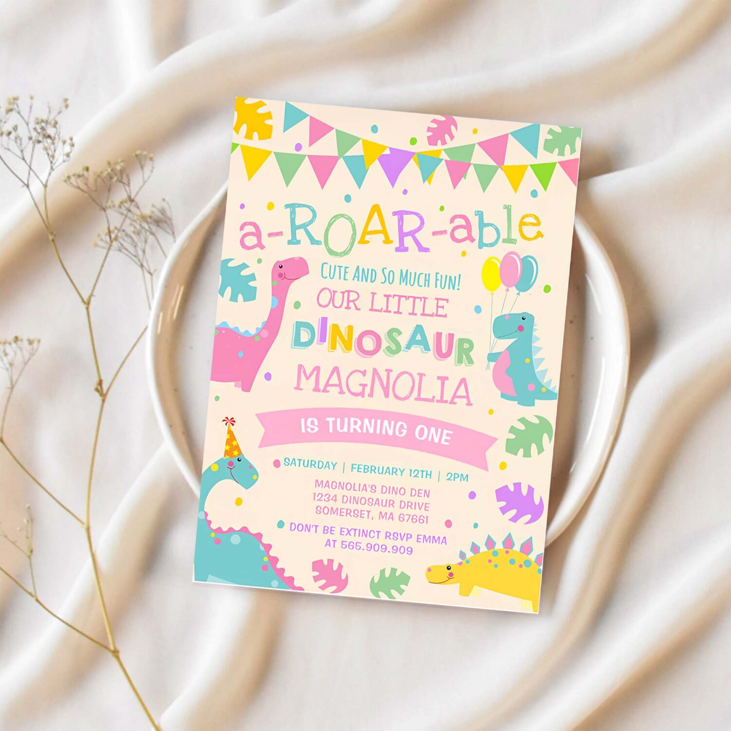 Dinosaur girl 1st birthday invitation girl dinosaur party e99l 1