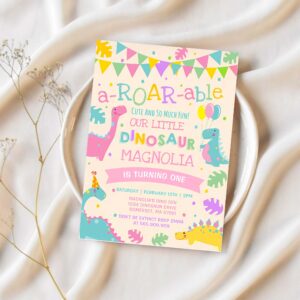 Dinosaur girl 1st birthday invitation girl dinosaur party e99l 1