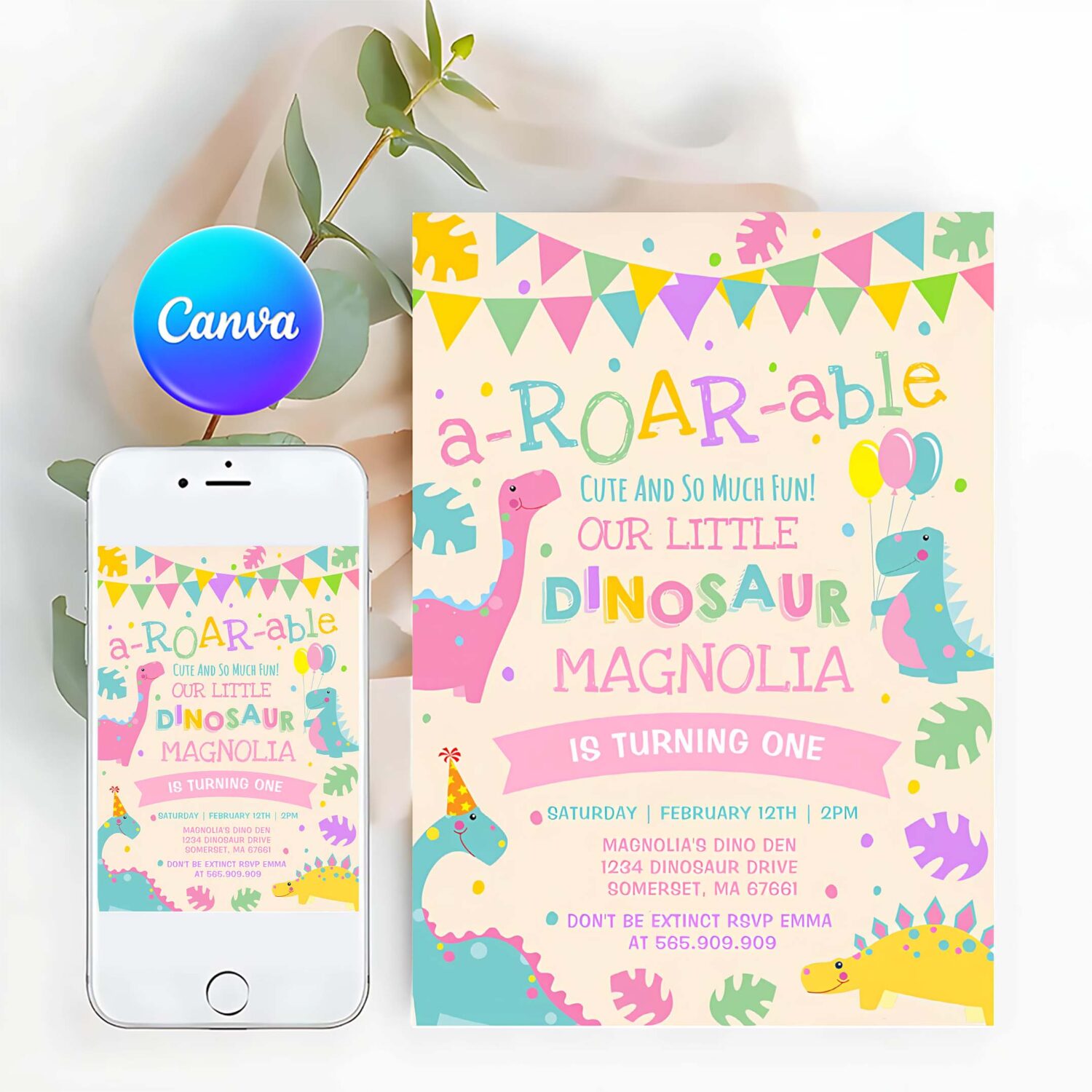 Dinosaur girl 1st birthday invitation girl dinosaur party e99l