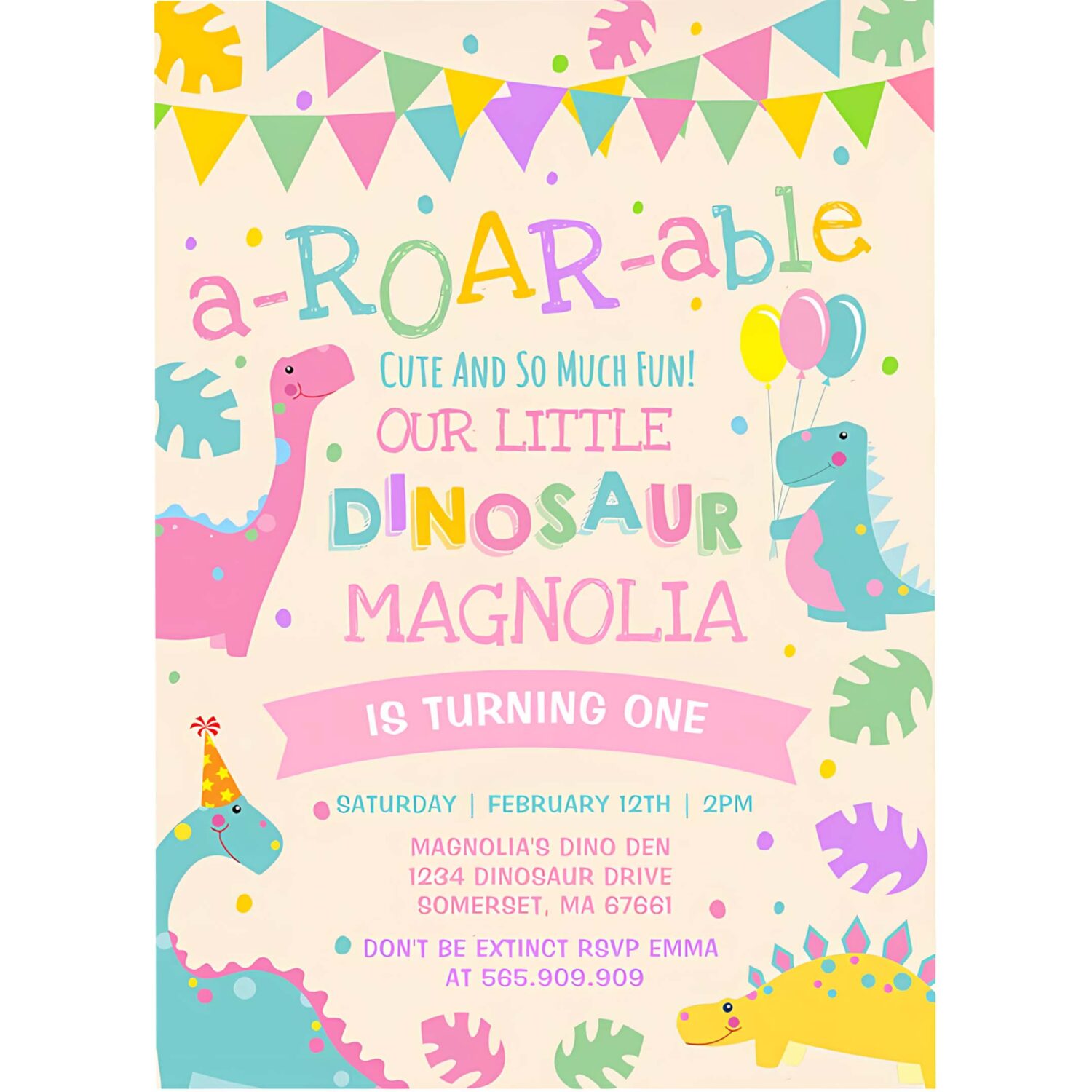 Dinosaur girl 1st birthday invitation girl dinosaur party e99l 4
