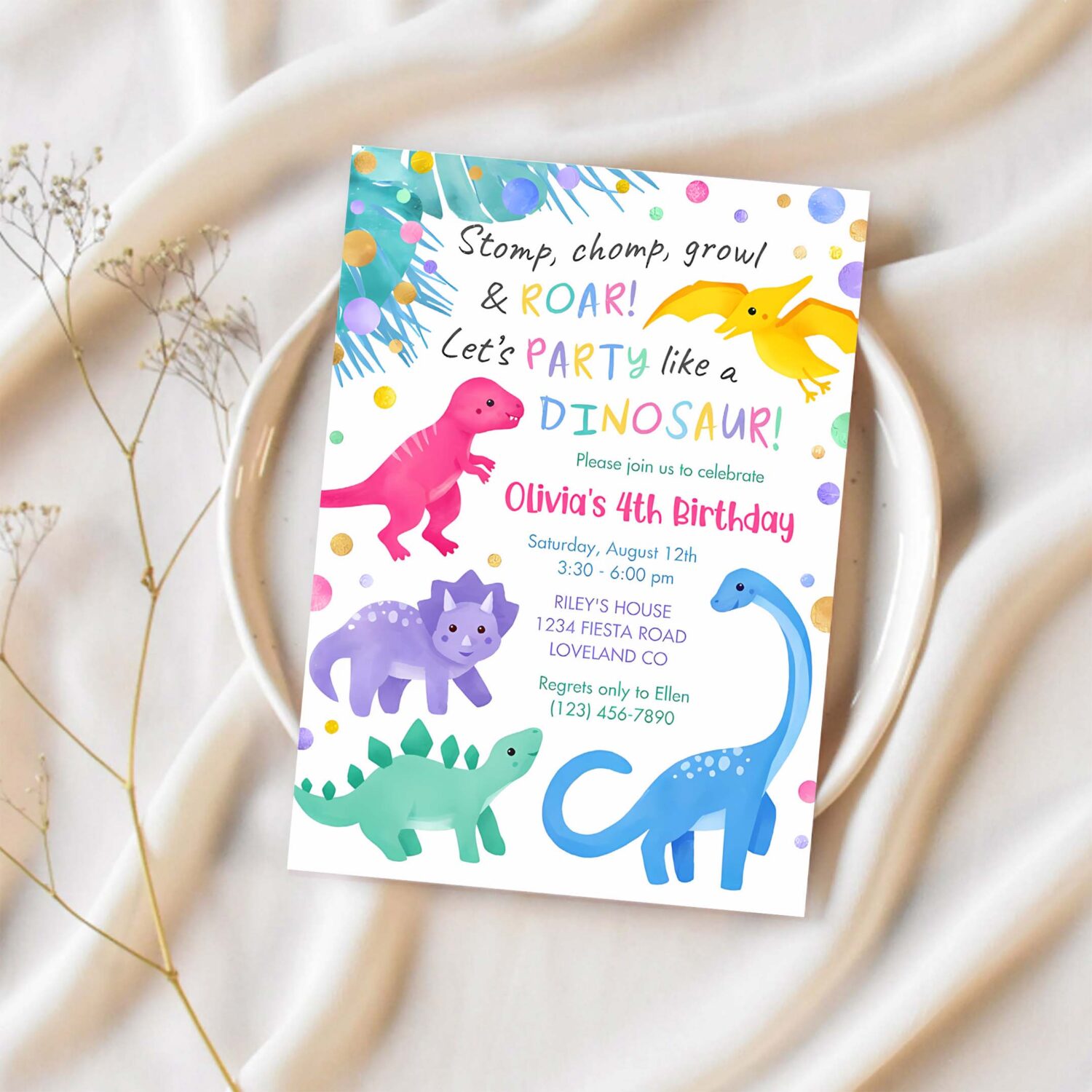 Dinosaur girl birthday invitation colorful cute d15e 1