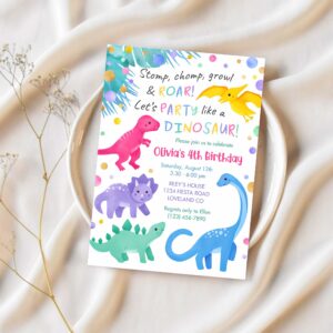 Dinosaur girl birthday invitation colorful cute d15e 1