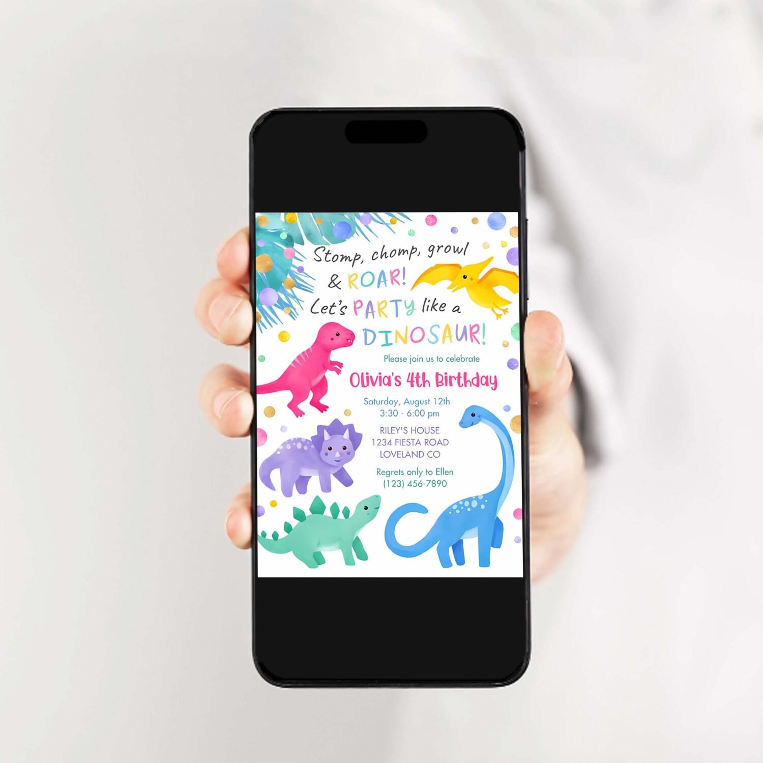 Dinosaur girl birthday invitation colorful cute d15e 2