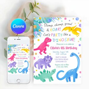 Dinosaur Girl Invitation, Dinosaur Girl Birthday Invitation Colorful Cute