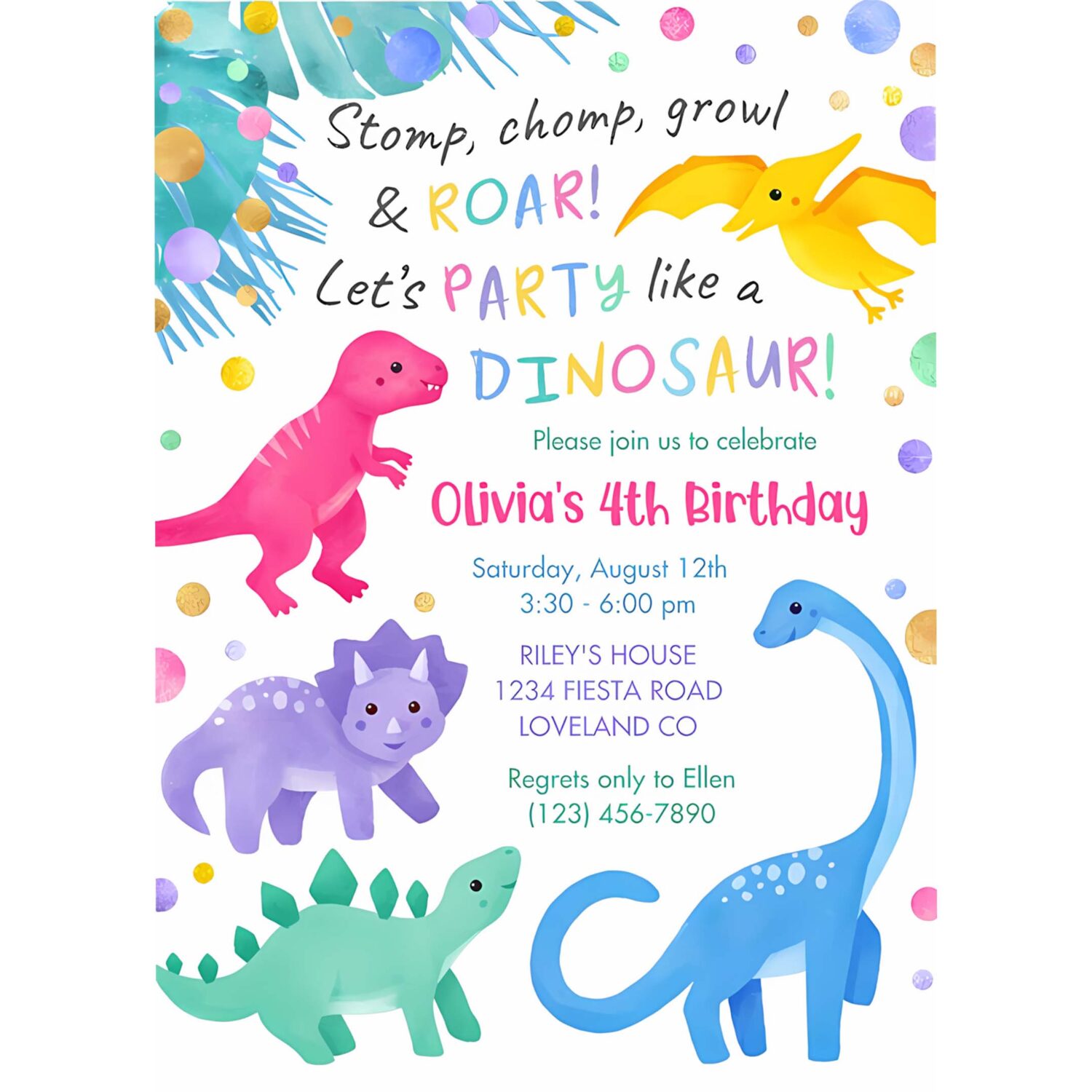 Dinosaur girl birthday invitation colorful cute d15e 4