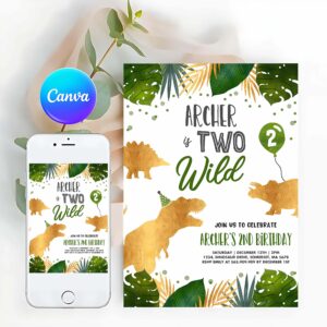 Two Wild Invitation, Dinosaur Invitation, Two Wild Dinosaur Party, T-Rex Prehistoric Dinosaur Party Invitation