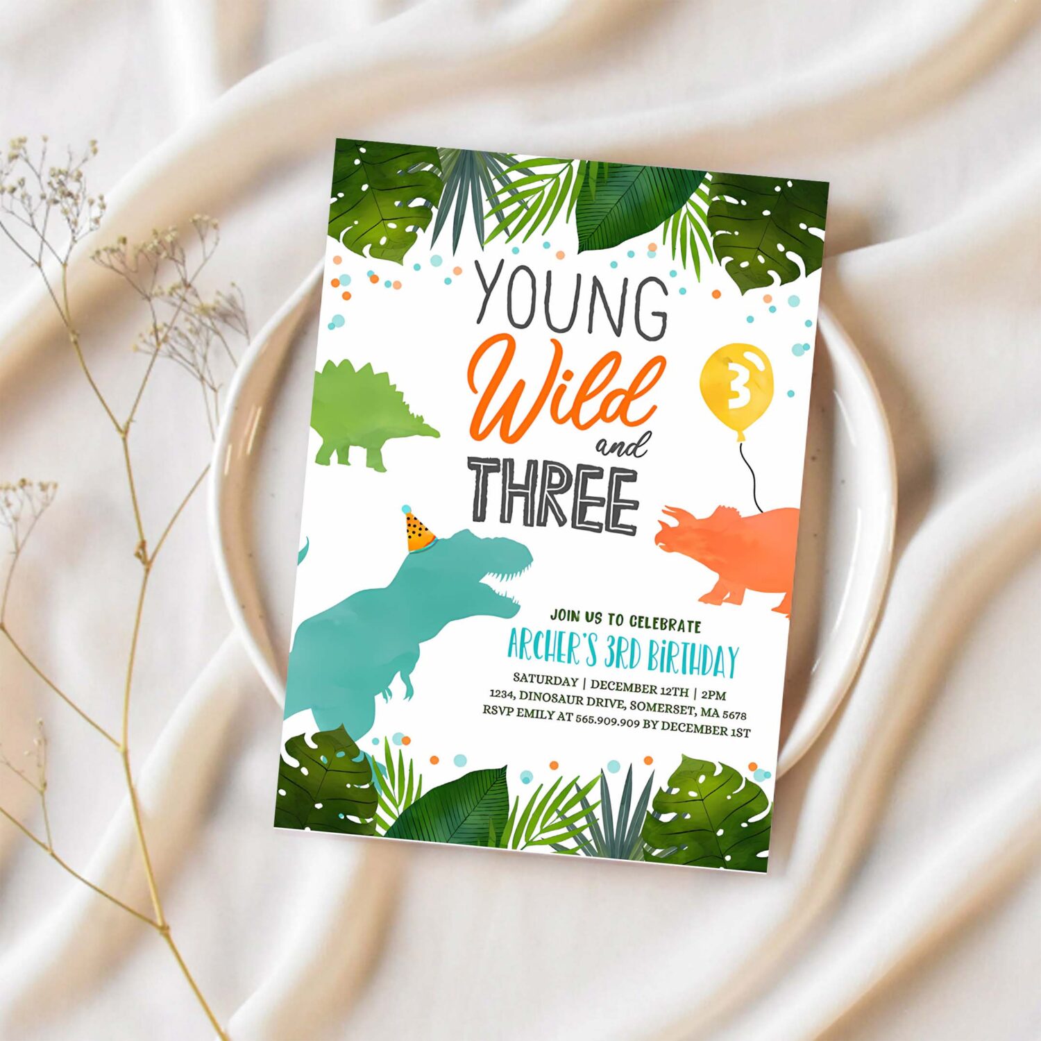 Dinosaur invitation jungle dinosaur invite young wild and three dinosaur party t rex prehistoric dinosaur party 1