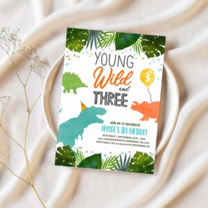 Dinosaur invitation jungle dinosaur invite young wild and three dinosaur party t rex prehistoric dinosaur party 1