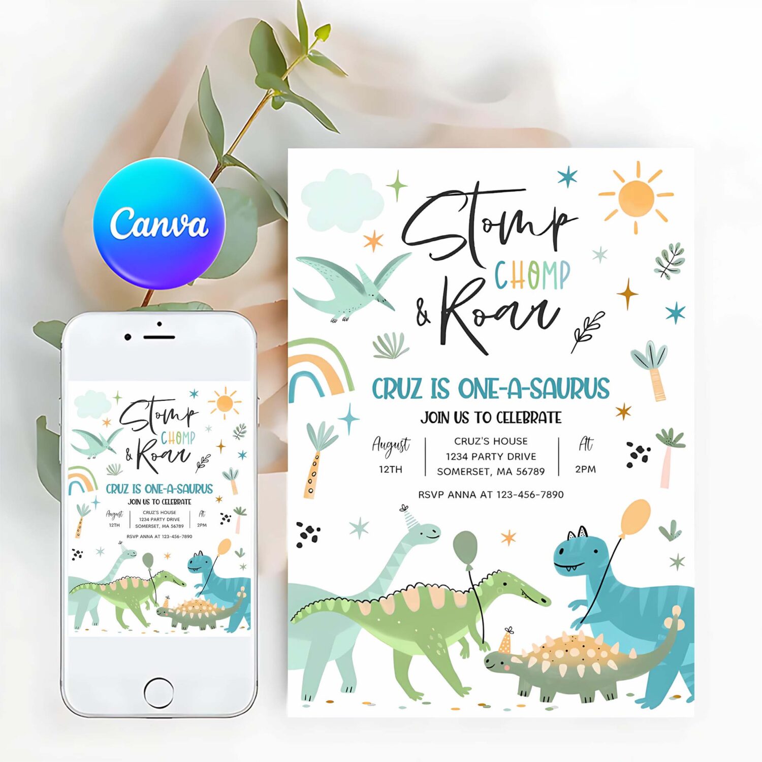 Dinosaur one a saurs 1st birthday party invitation d12q