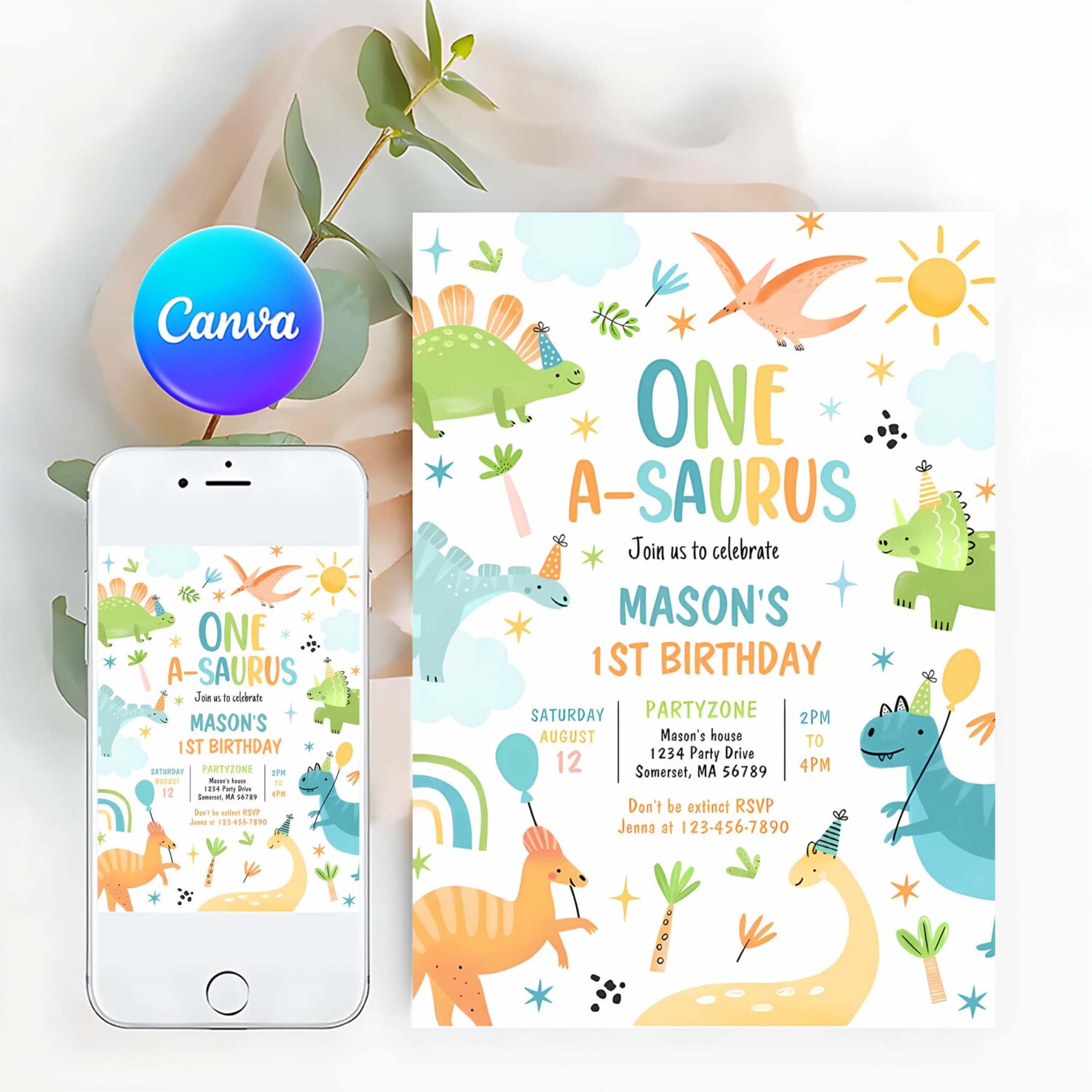 Dinosaur one a saurus 1st birthday party invitation o88e