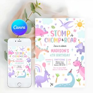 T-Rex Invitation, Dinosaur Stomp Chomp And Roar T-Rex Birthday Party Invitation