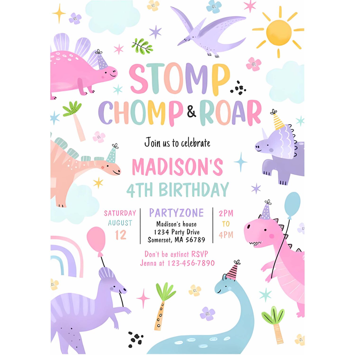 Dinosaur stomp chomp and roar t rex birthday party invitation e58w 4