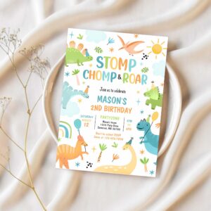 Dinosaur stomp chomp and roar t rex birthday party invitation x22p 1