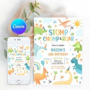 T-Rex Invitation, Dinosaur Stomp Chomp And Roar T-Rex Birthday Party Invitation