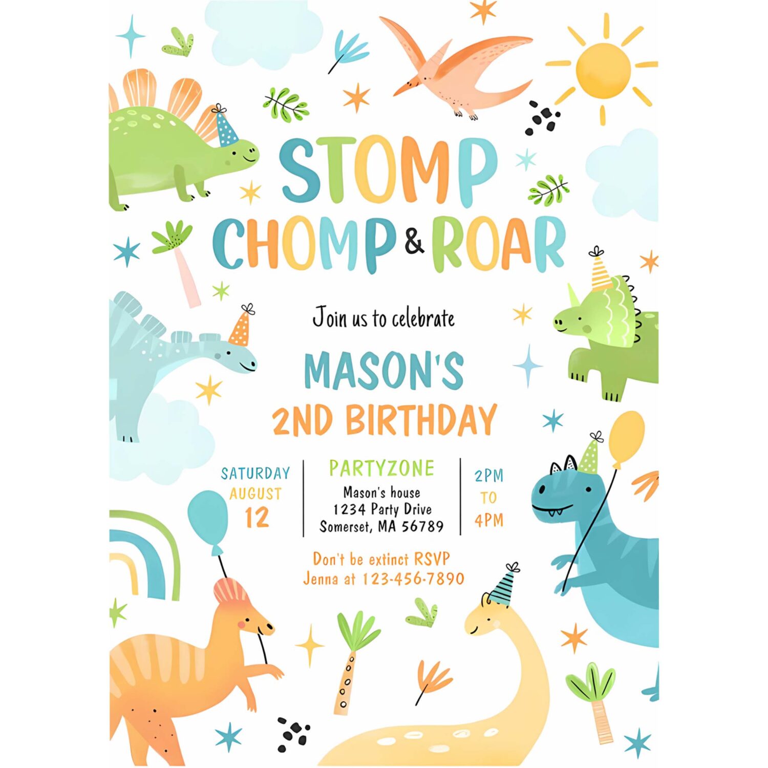 Dinosaur stomp chomp and roar t rex birthday party invitation x22p 4