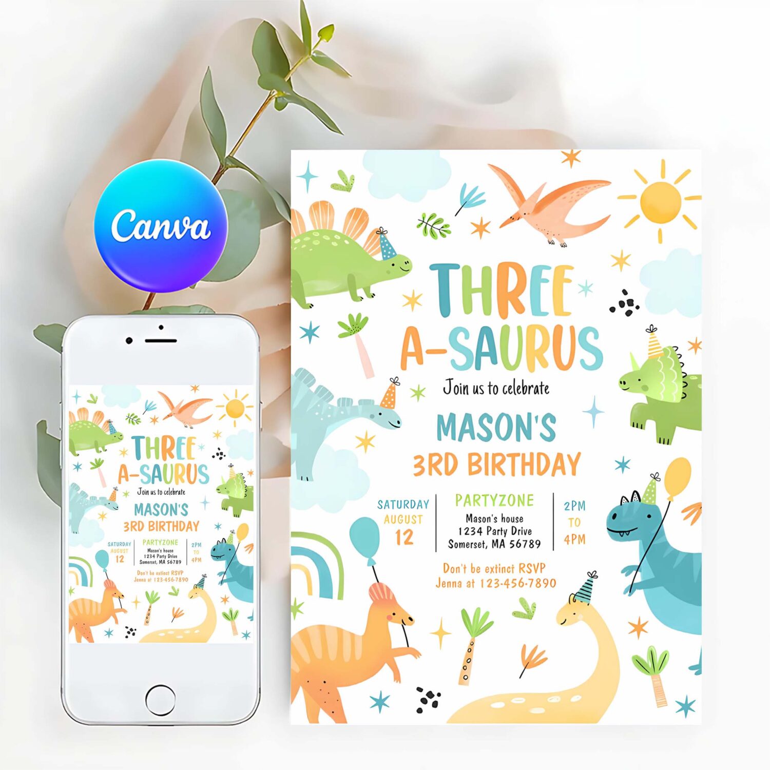 Dinosaur three a saurus 3rd birthday party invitation a32h