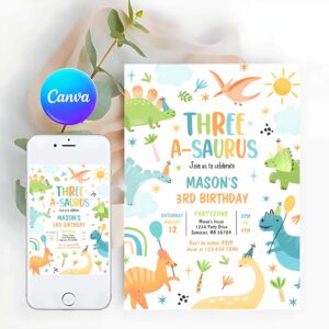Three-A-Saurus Invitation, Dinosaur Three-A-Saurus 3rd Birthday Party Invitation